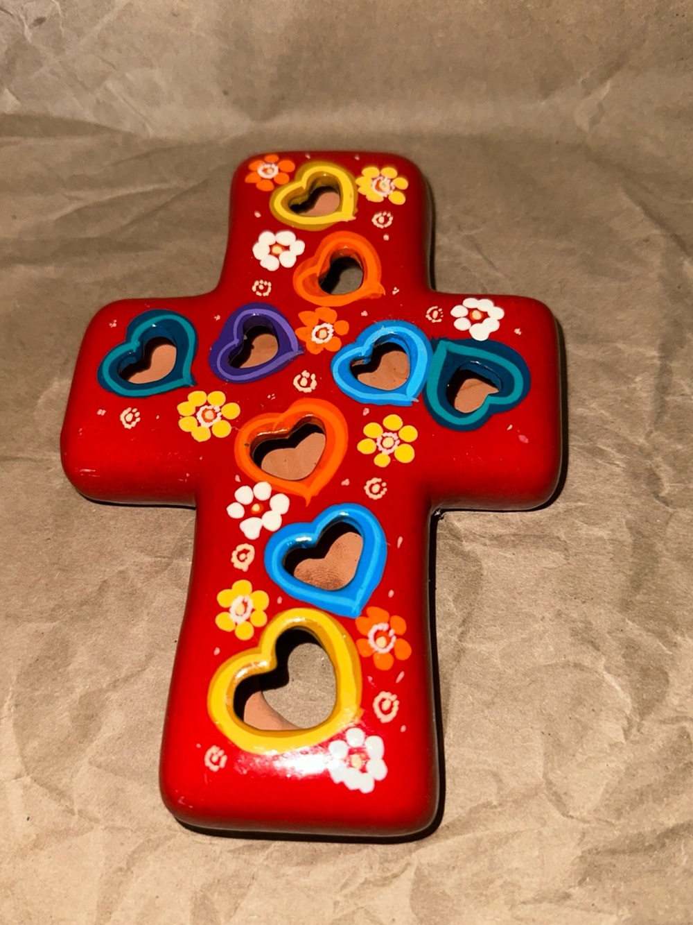 Talavera Style Hand Painted Pottery Cross hearts Colorful Mexican Folk Art